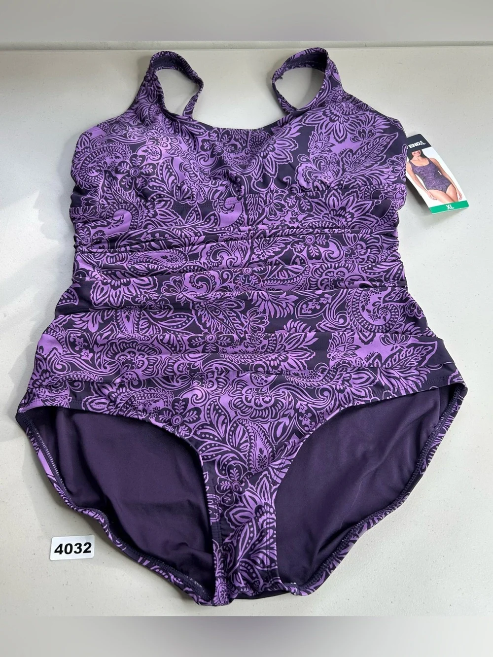 Lands' End Women's Purple Paisley Ruching One Piece Swimsuit Tummy Control XL